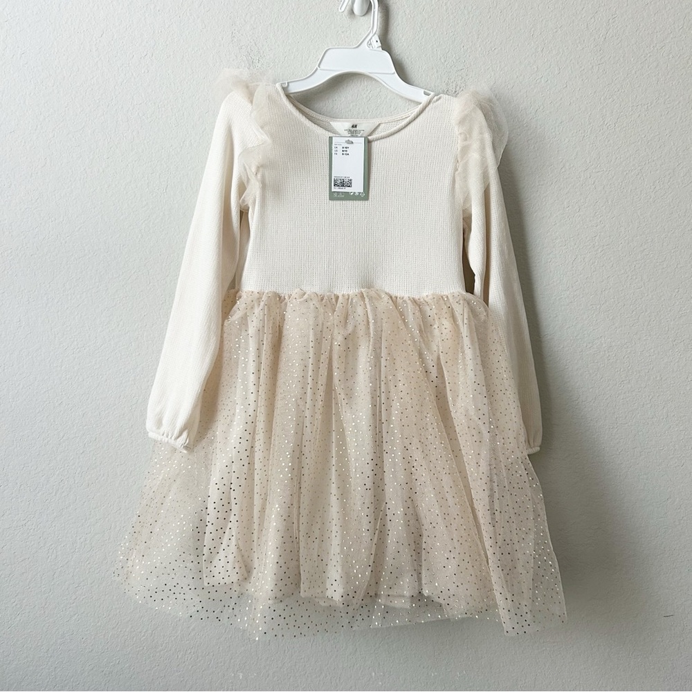 H&M Off White Ivory Girl Holiday Formal Knit Glittery Tulle Dress Sz 8-10y